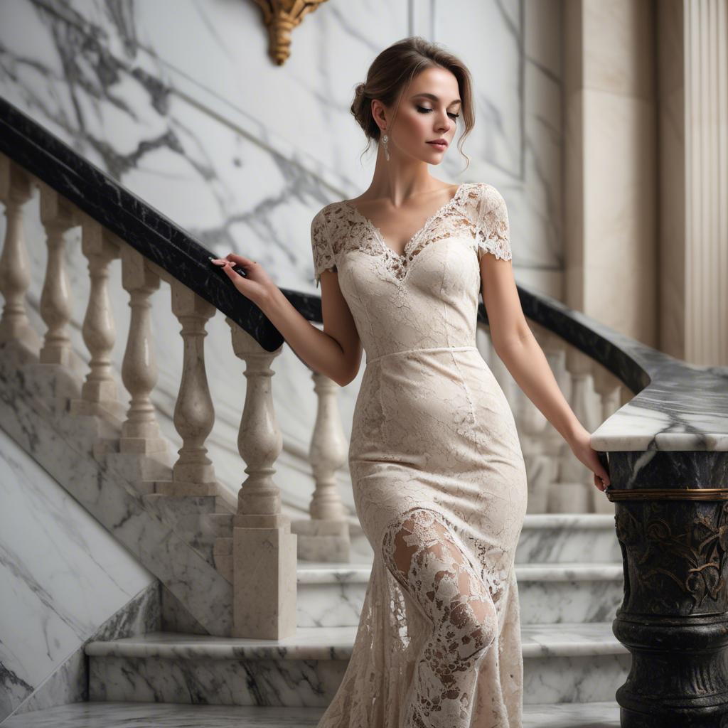 A stunning image of elegant woman in a lace dress on a marble staircase.