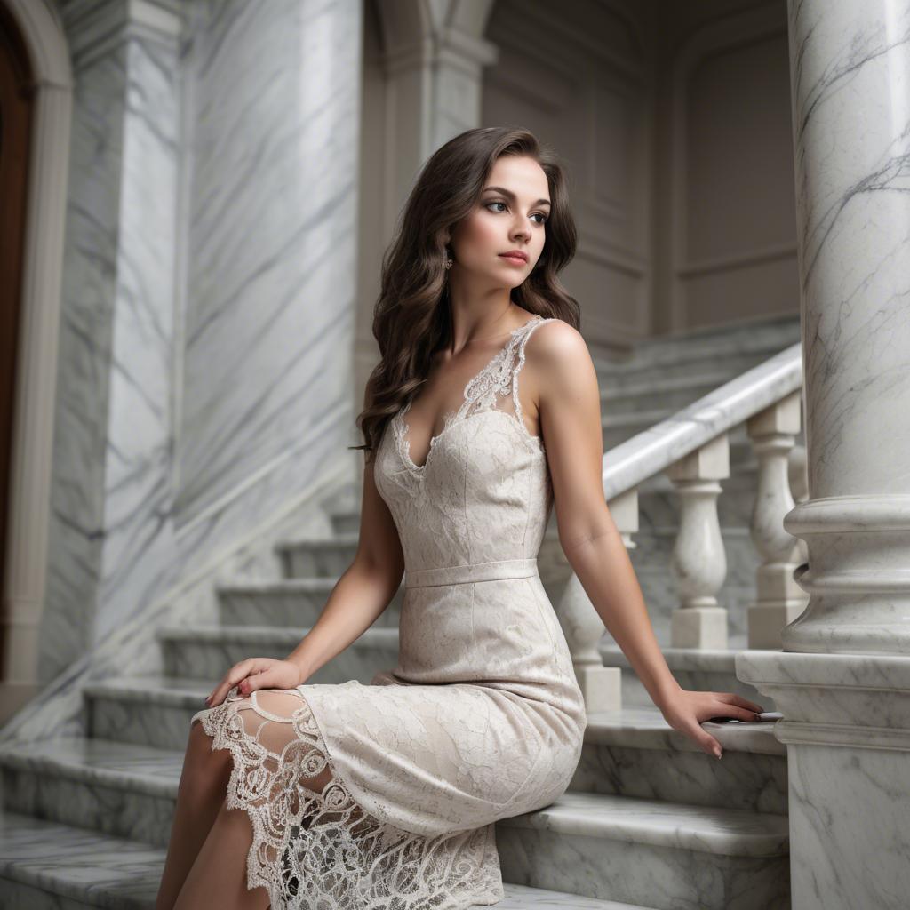 A stunning image of elegant woman in a lace dress on a marble staircase.