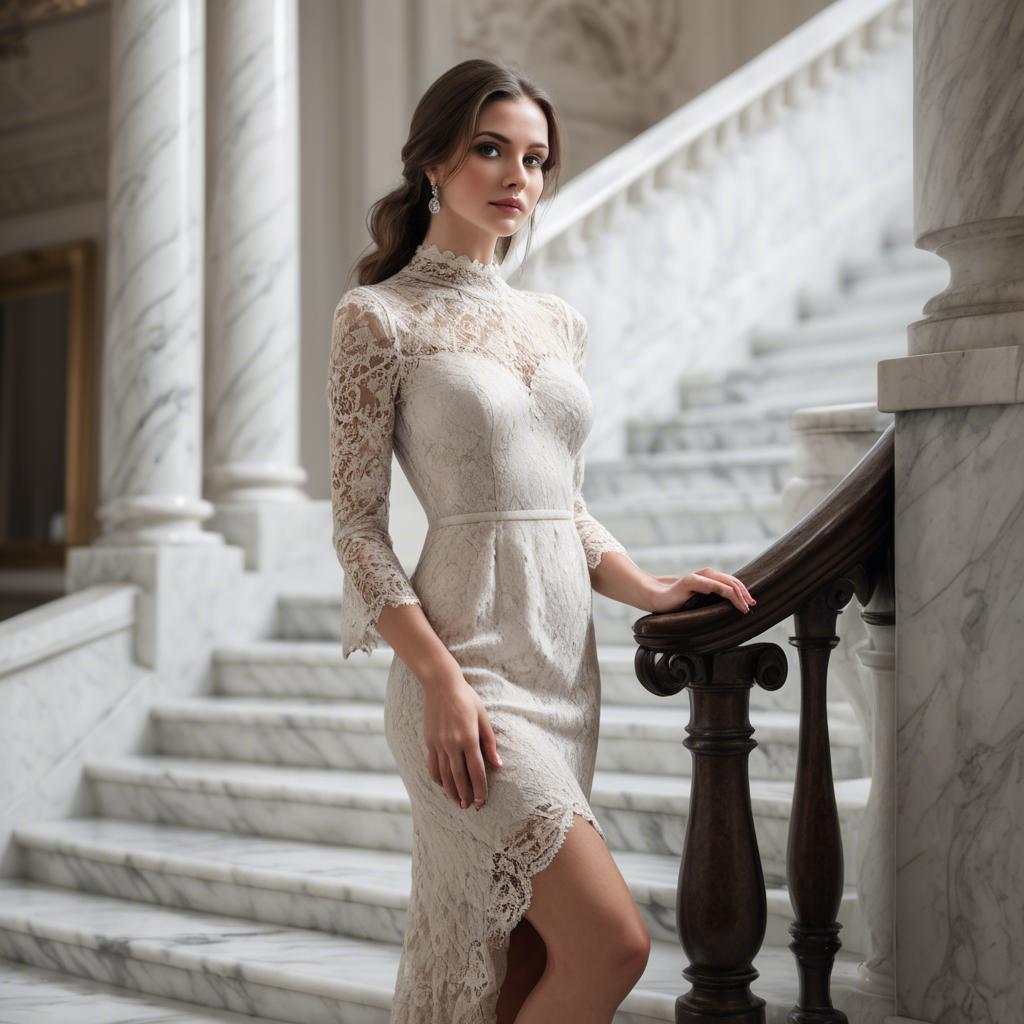 A stunning image of elegant woman in a lace dress on a marble staircase.
