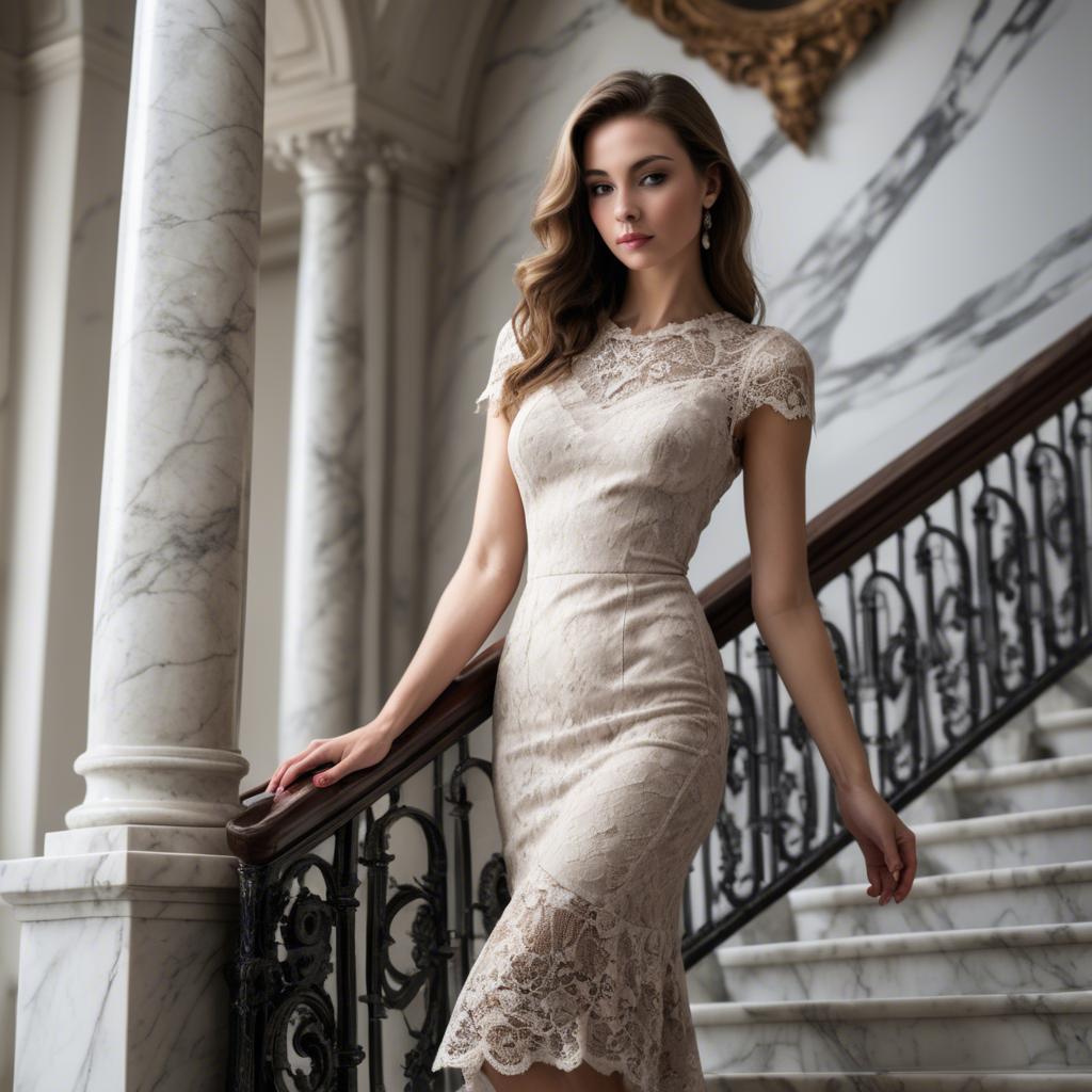 A stunning image of elegant woman in a lace dress on a marble staircase.