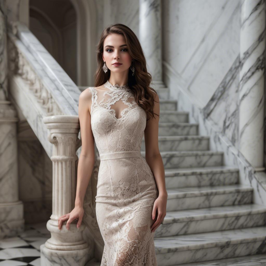 A stunning image of elegant woman in a lace dress on a marble staircase.