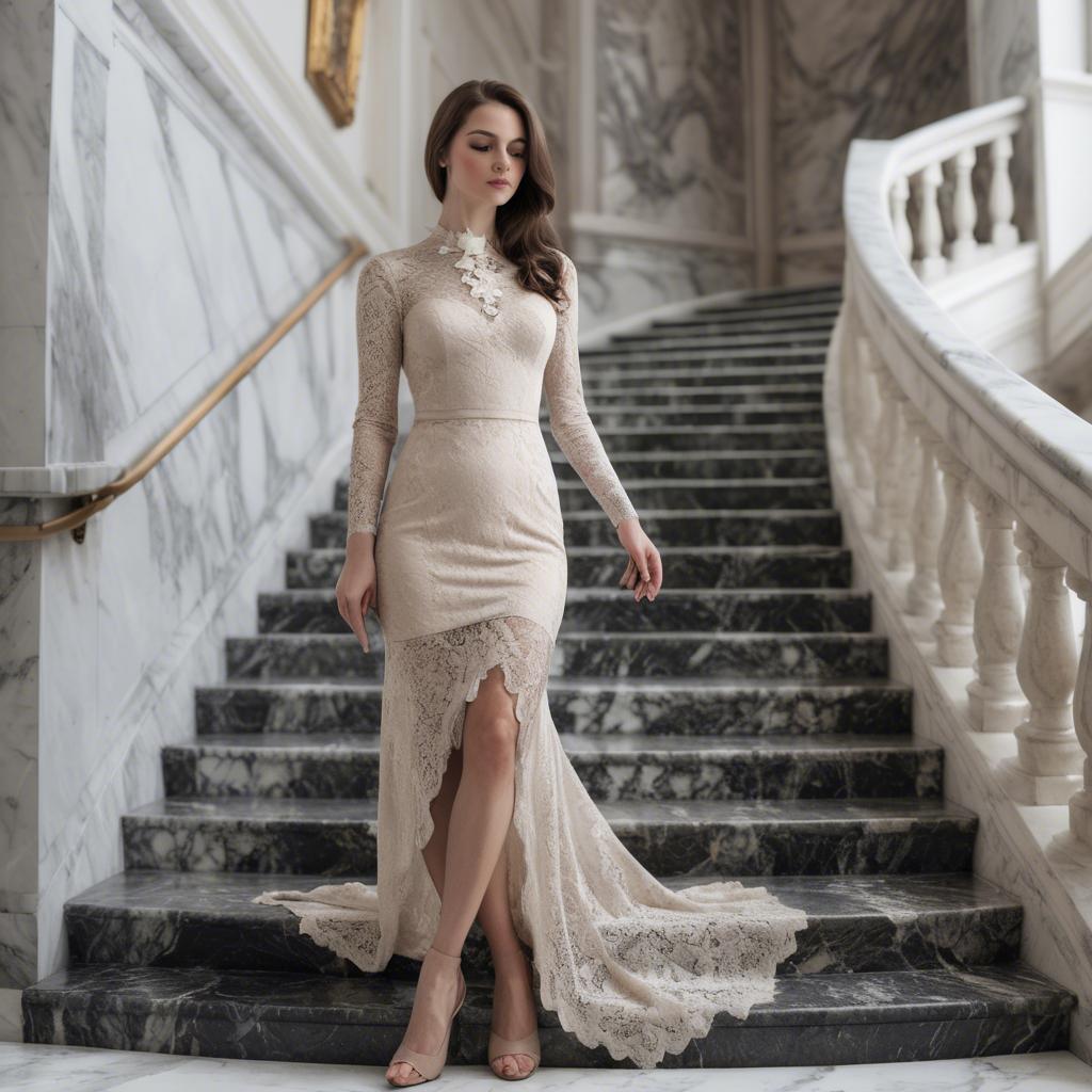 A stunning image of elegant woman in a lace dress on a marble staircase.