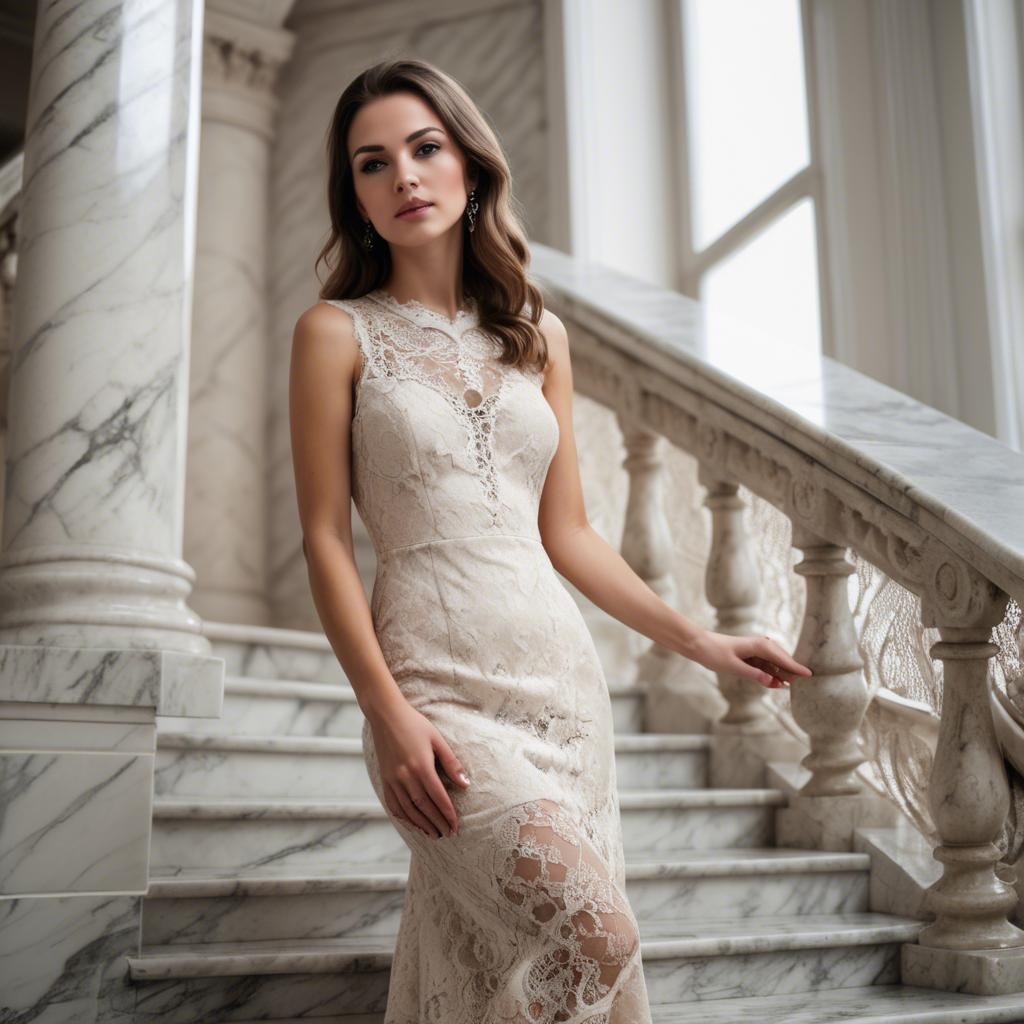 A stunning image of elegant woman in a lace dress on a marble staircase.