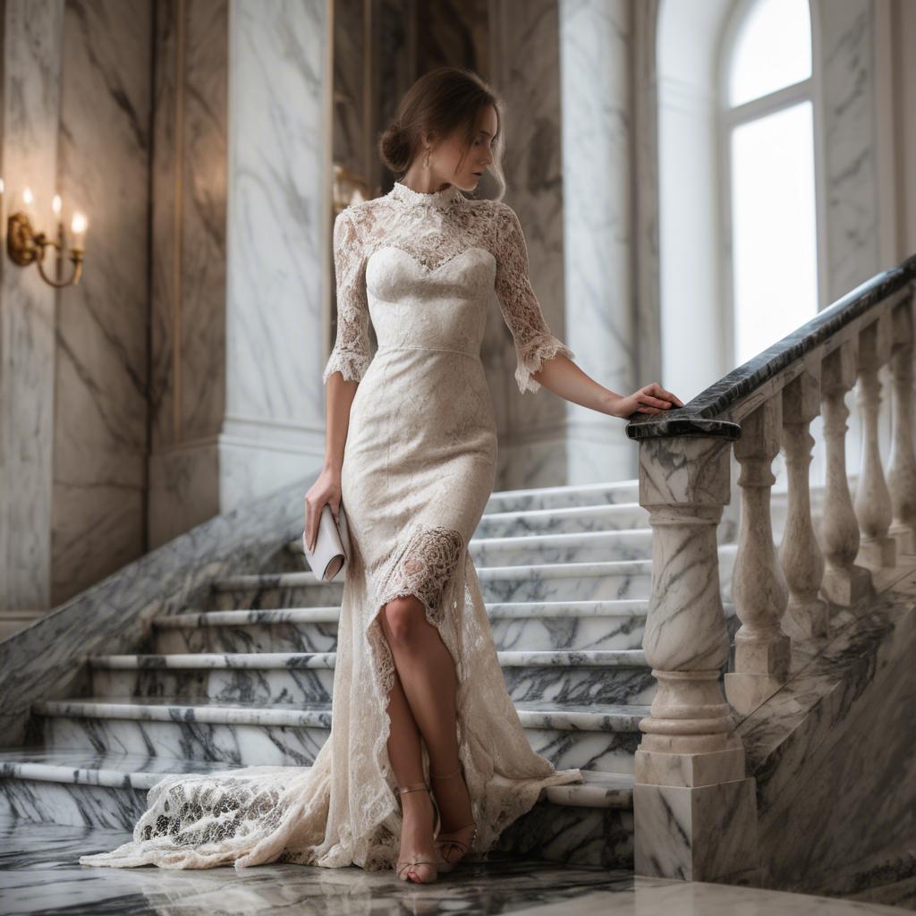 A stunning image of elegant woman in a lace dress on a marble staircase.