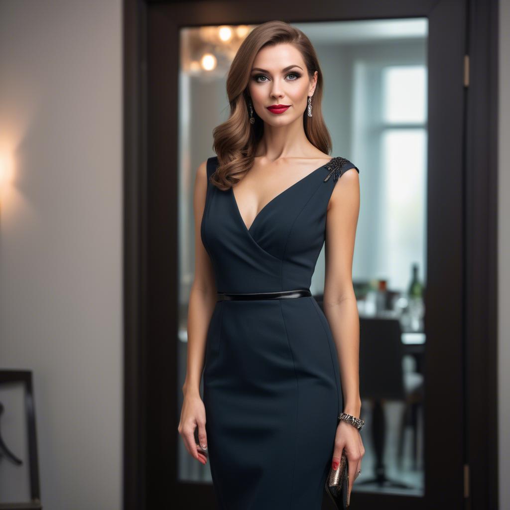 A stunning image of elegant woman in a pencil dress at a cocktail party.