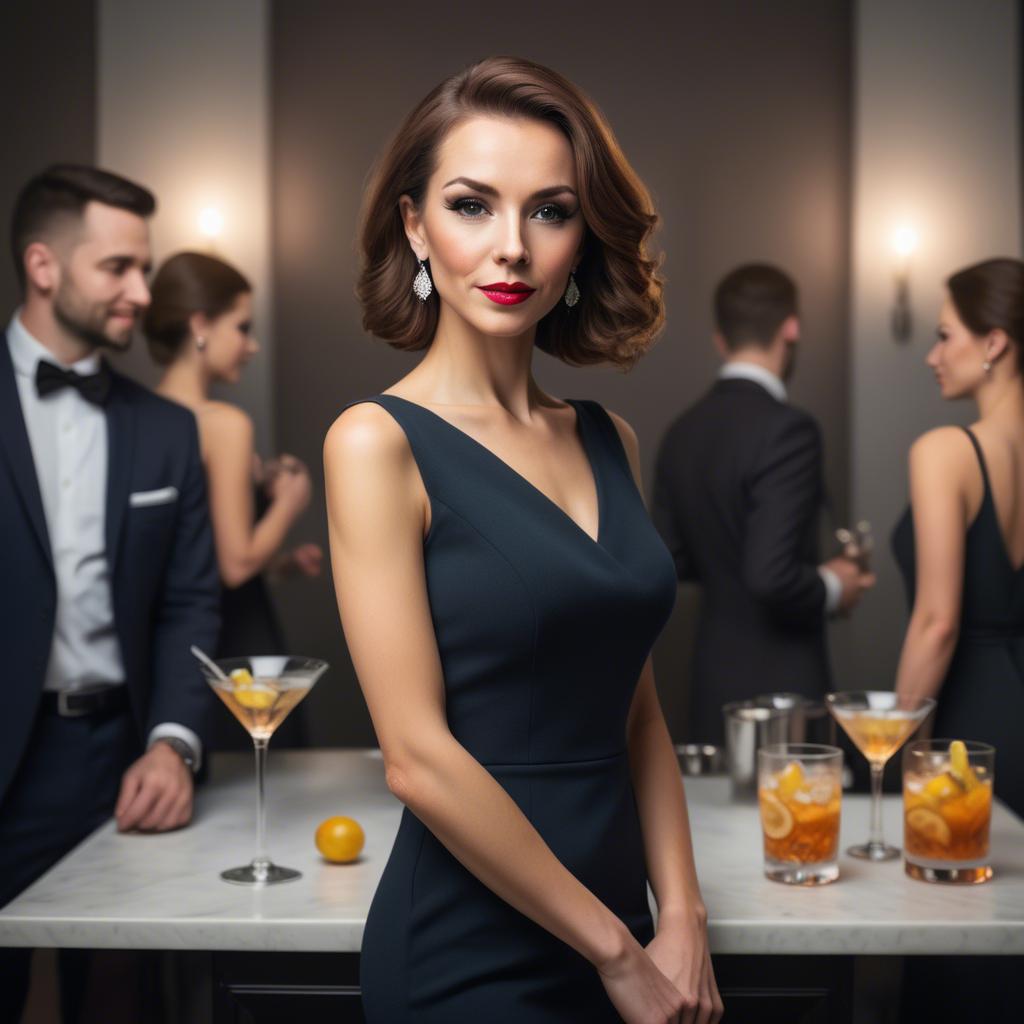 A stunning image of elegant woman in a pencil dress at a cocktail party.