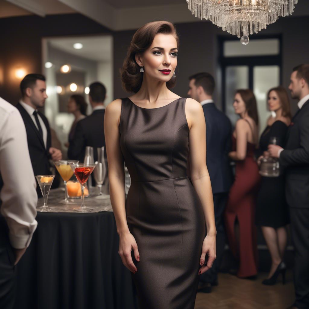 A stunning image of elegant woman in a pencil dress at a cocktail party.