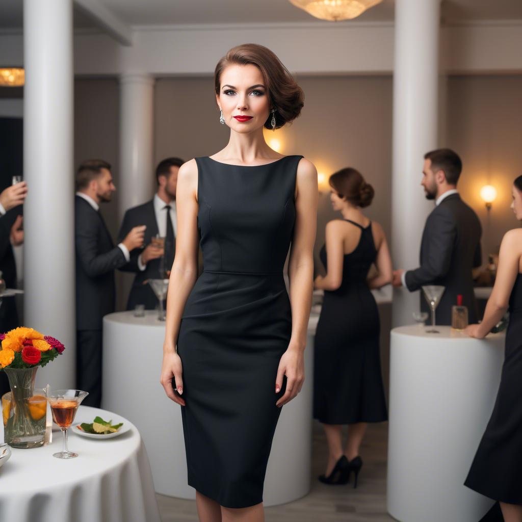 A stunning image of elegant woman in a pencil dress at a cocktail party.