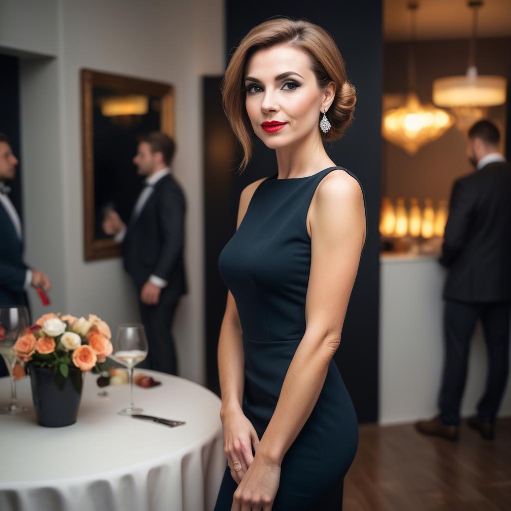 A stunning image of elegant woman in a pencil dress at a cocktail party.