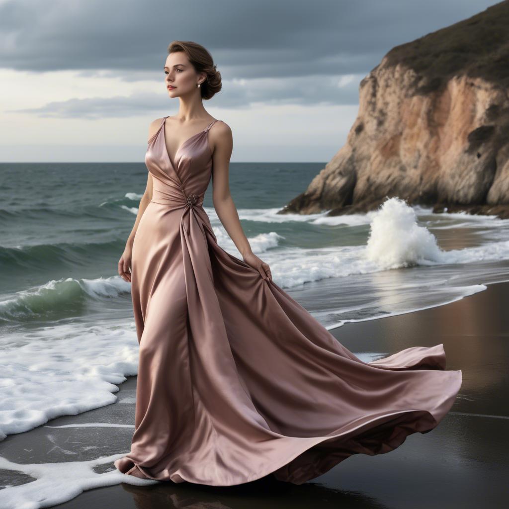 A stunning image of elegant woman in a satin dress by the ocean.
