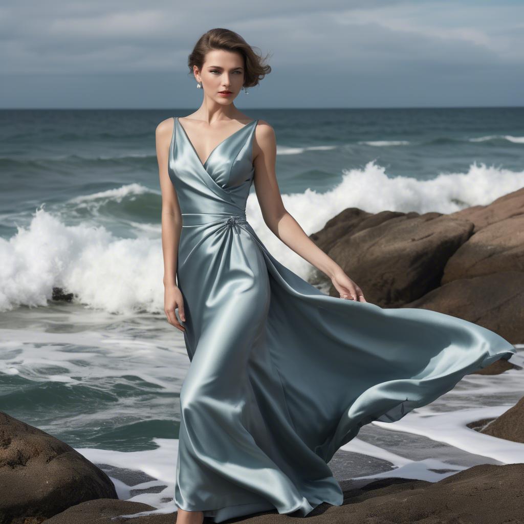 A stunning image of elegant woman in a satin dress by the ocean.