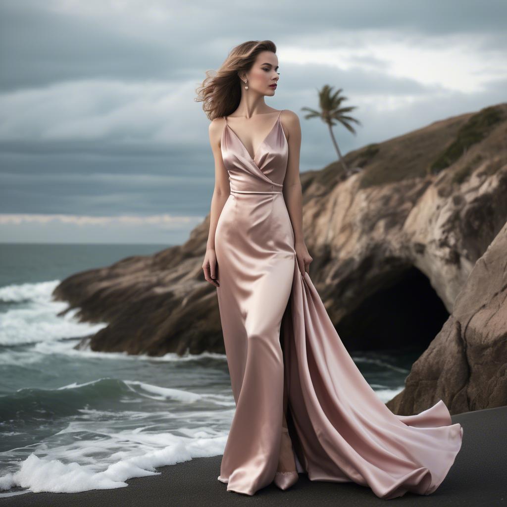A stunning image of elegant woman in a satin dress by the ocean.