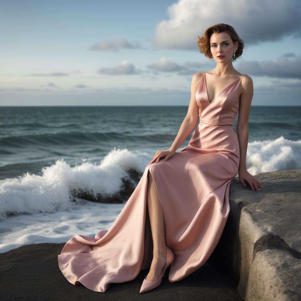 A stunning image of elegant woman in a satin dress by the ocean.
