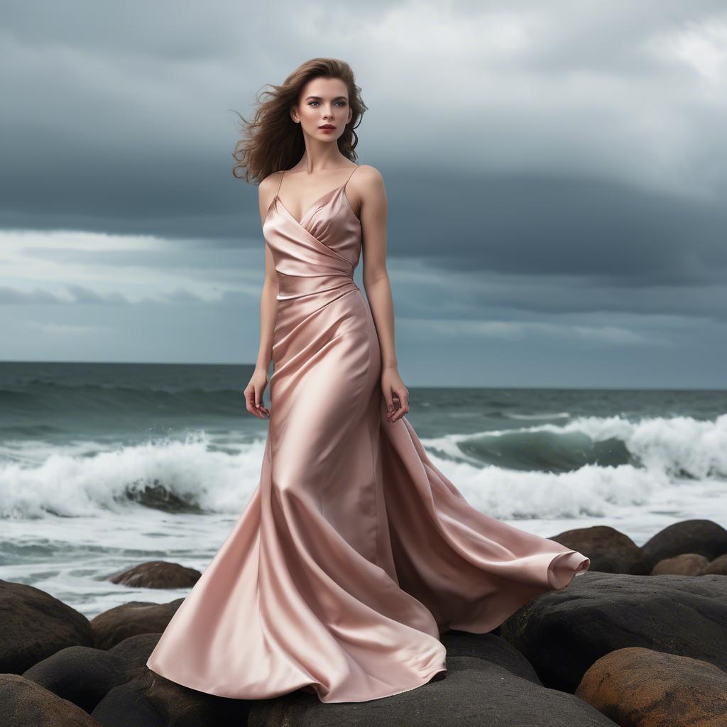 A stunning image of elegant woman in a satin dress by the ocean.