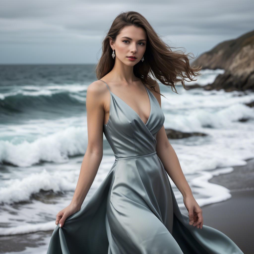 A stunning image of elegant woman in a satin dress by the ocean.