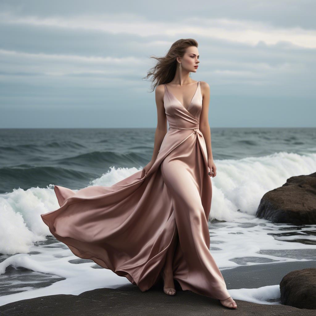 A stunning image of elegant woman in a satin dress by the ocean.