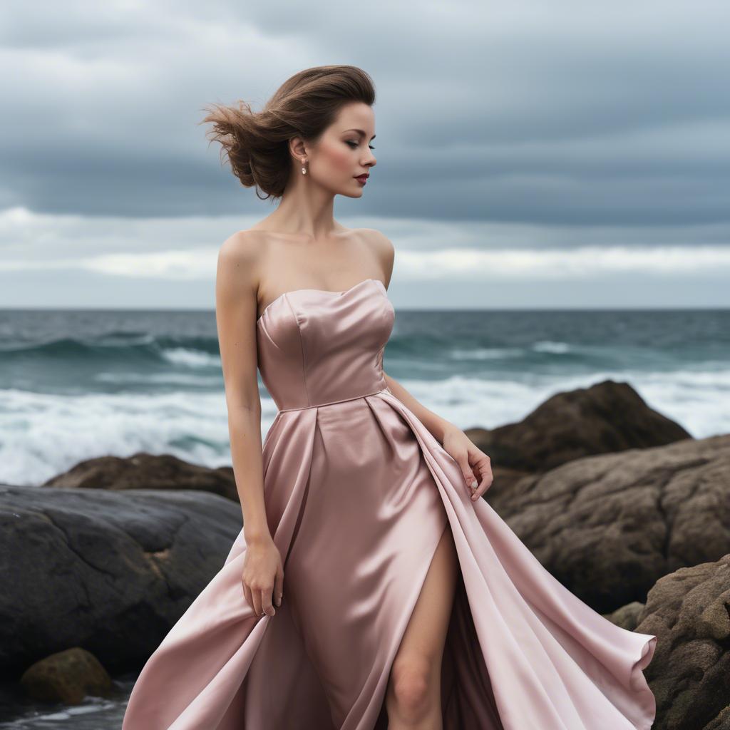 A stunning image of elegant woman in a satin dress by the ocean.
