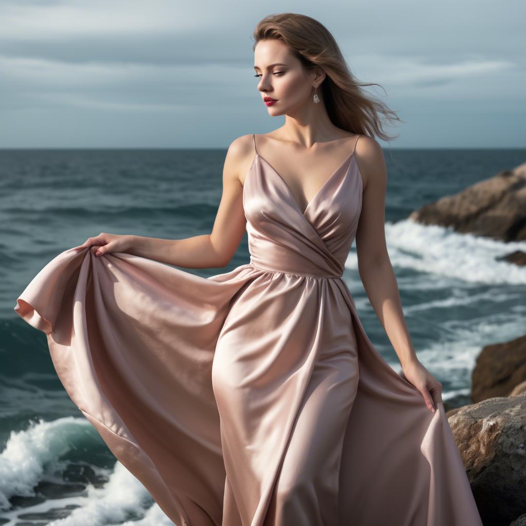 A stunning image of elegant woman in a satin dress by the ocean.