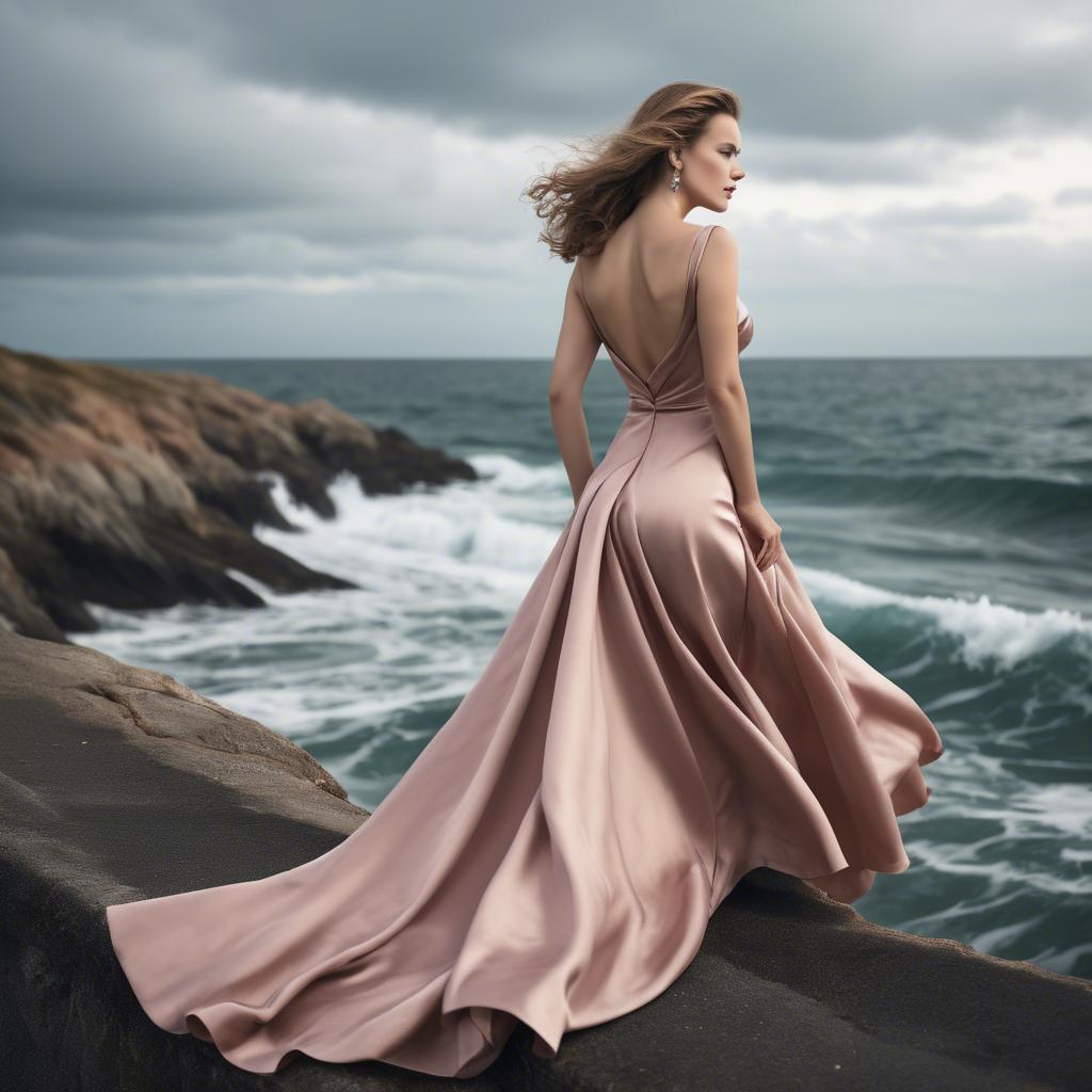 A stunning image of elegant woman in a satin dress by the ocean.