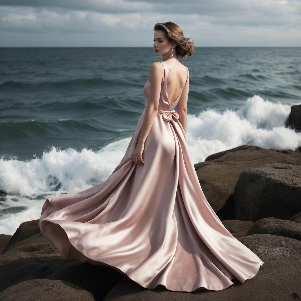A stunning image of elegant woman in a satin dress by the ocean.