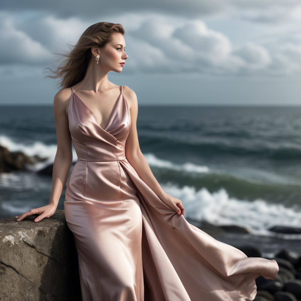 A stunning image of elegant woman in a satin dress by the ocean.