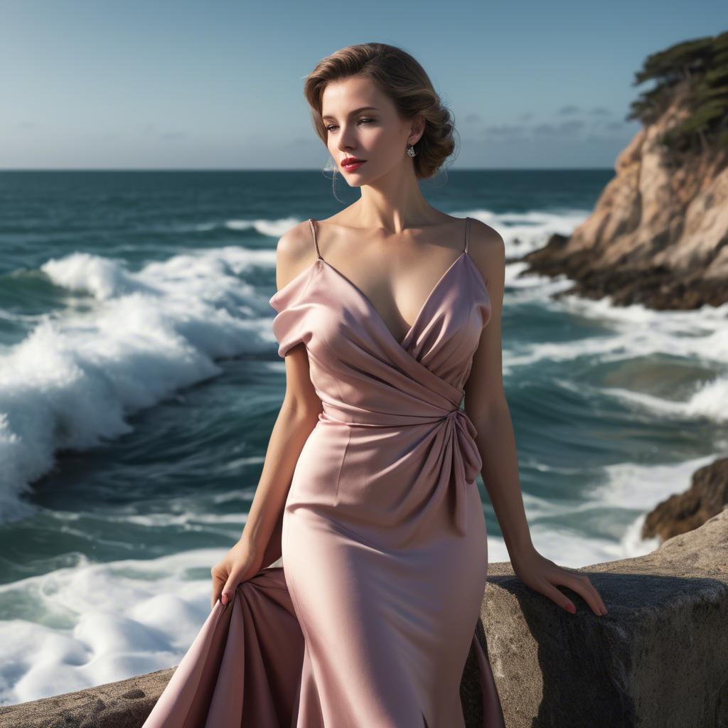 A stunning image of elegant woman in a satin dress by the ocean.