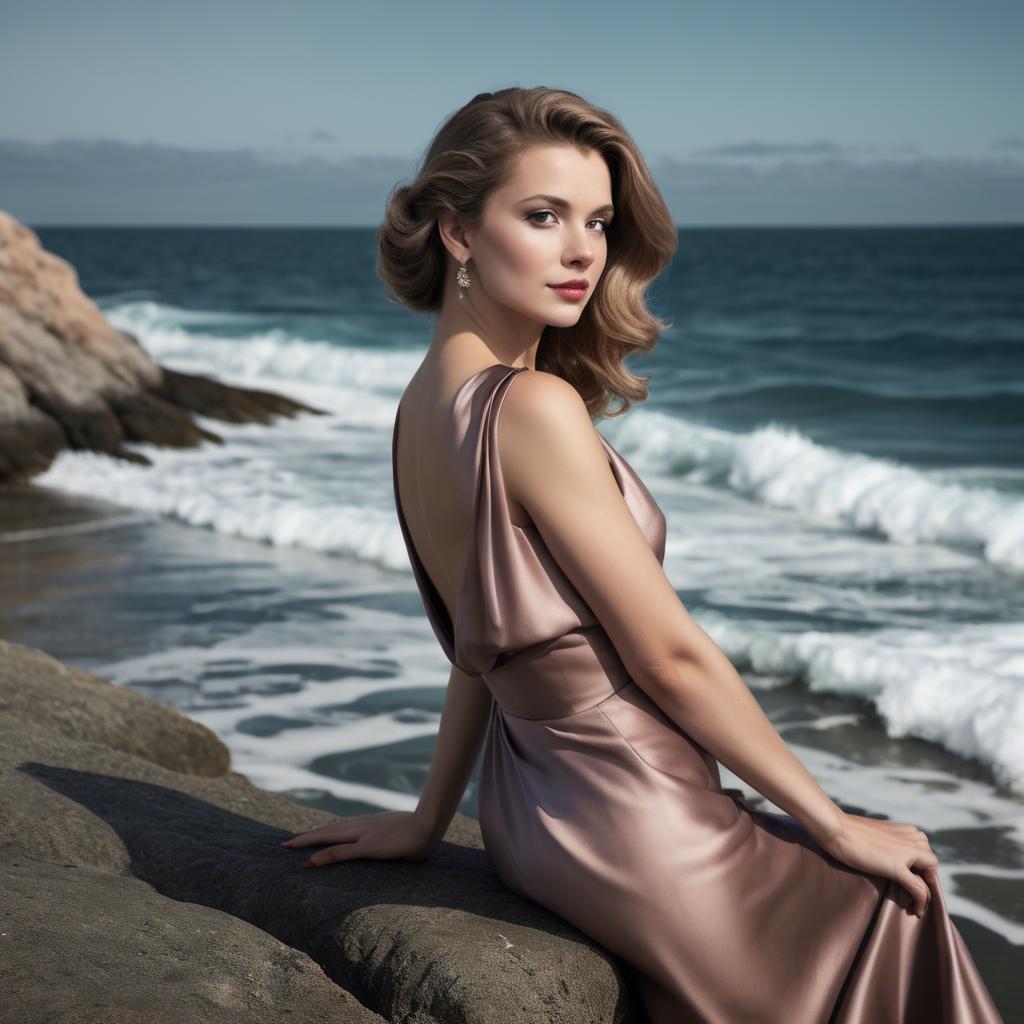 A stunning image of elegant woman in a satin dress by the ocean.