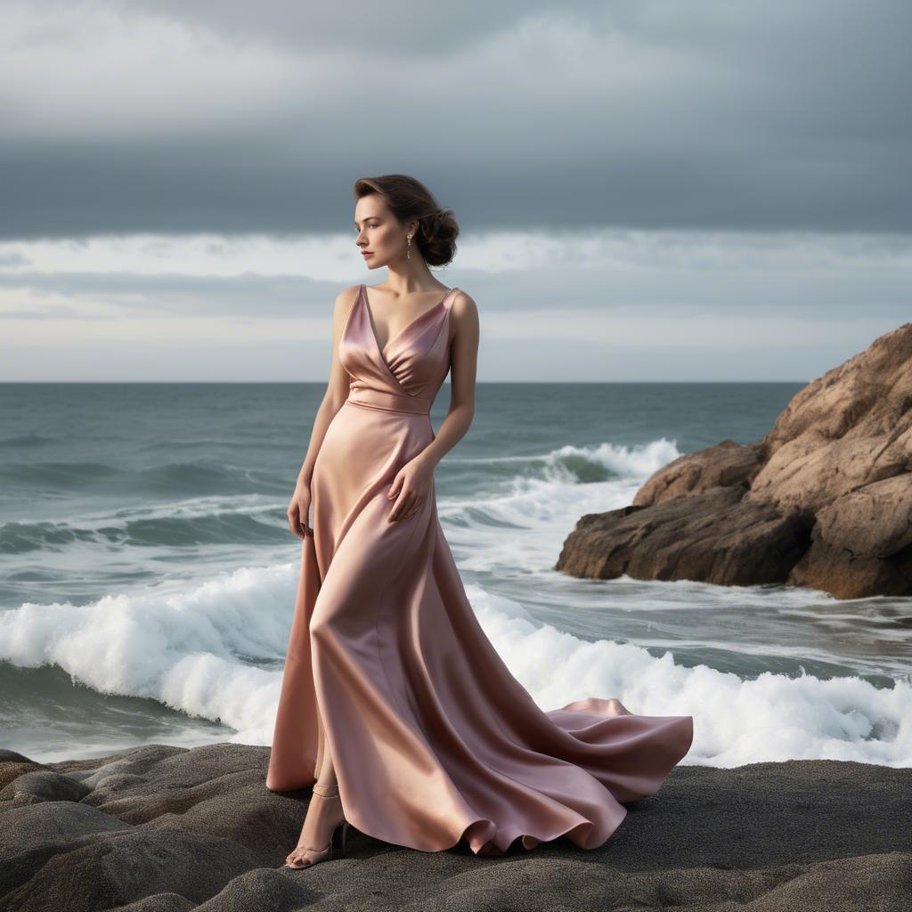 A stunning image of elegant woman in a satin dress by the ocean.