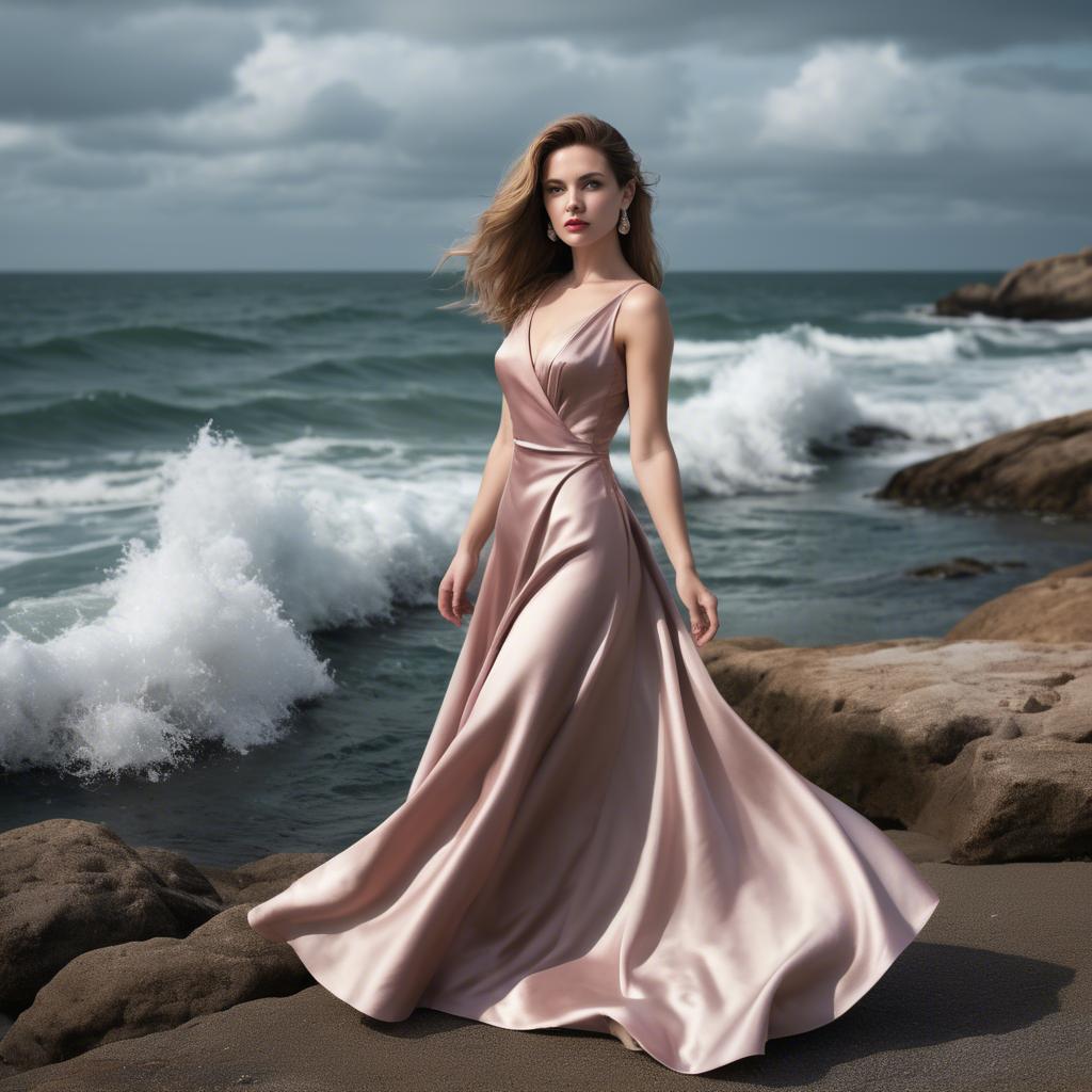A stunning image of elegant woman in a satin dress by the ocean.