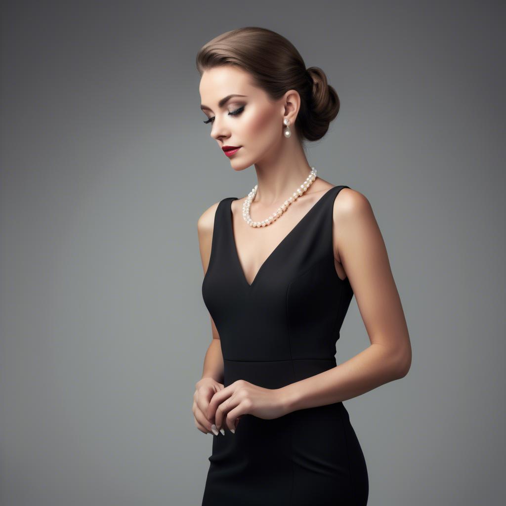 A stunning image of elegant woman in a sleek black dress with pearls.