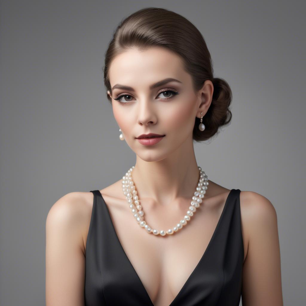 A stunning image of elegant woman in a sleek black dress with pearls.