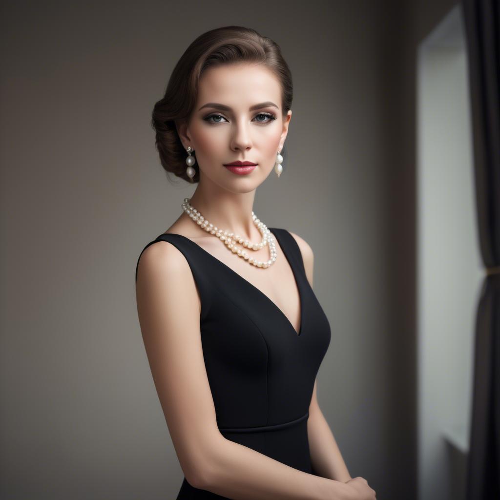 A stunning image of elegant woman in a sleek black dress with pearls.
