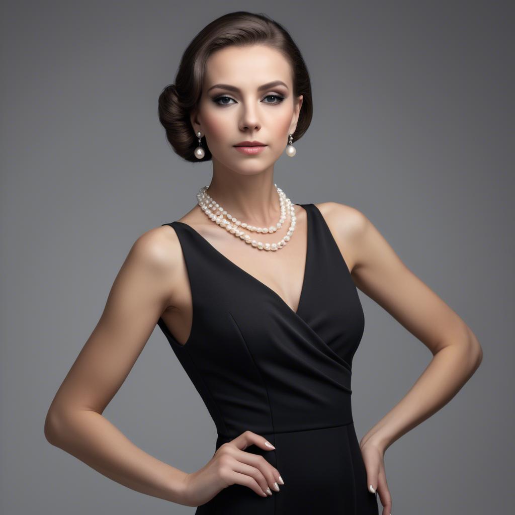 A stunning image of elegant woman in a sleek black dress with pearls.