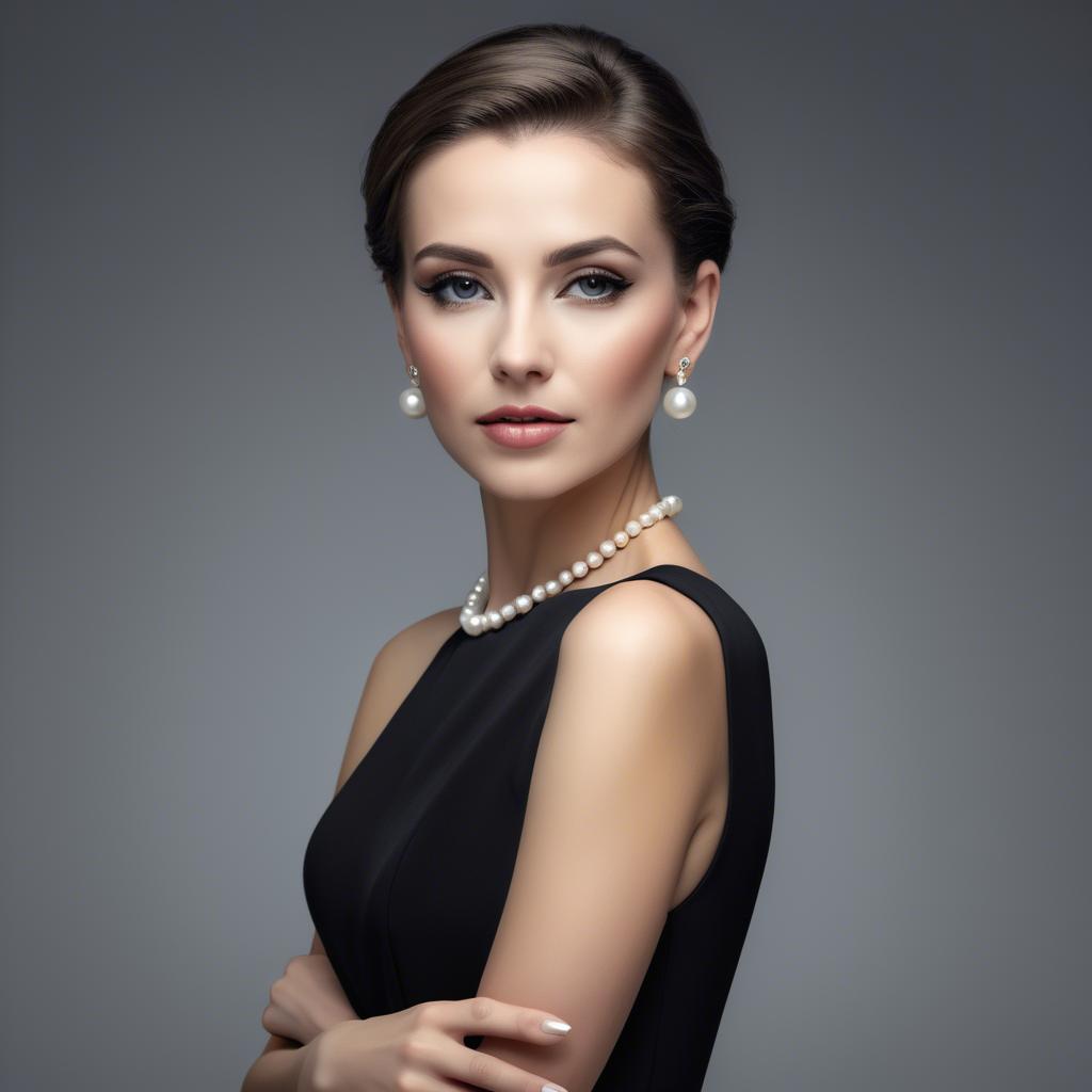 A stunning image of elegant woman in a sleek black dress with pearls.