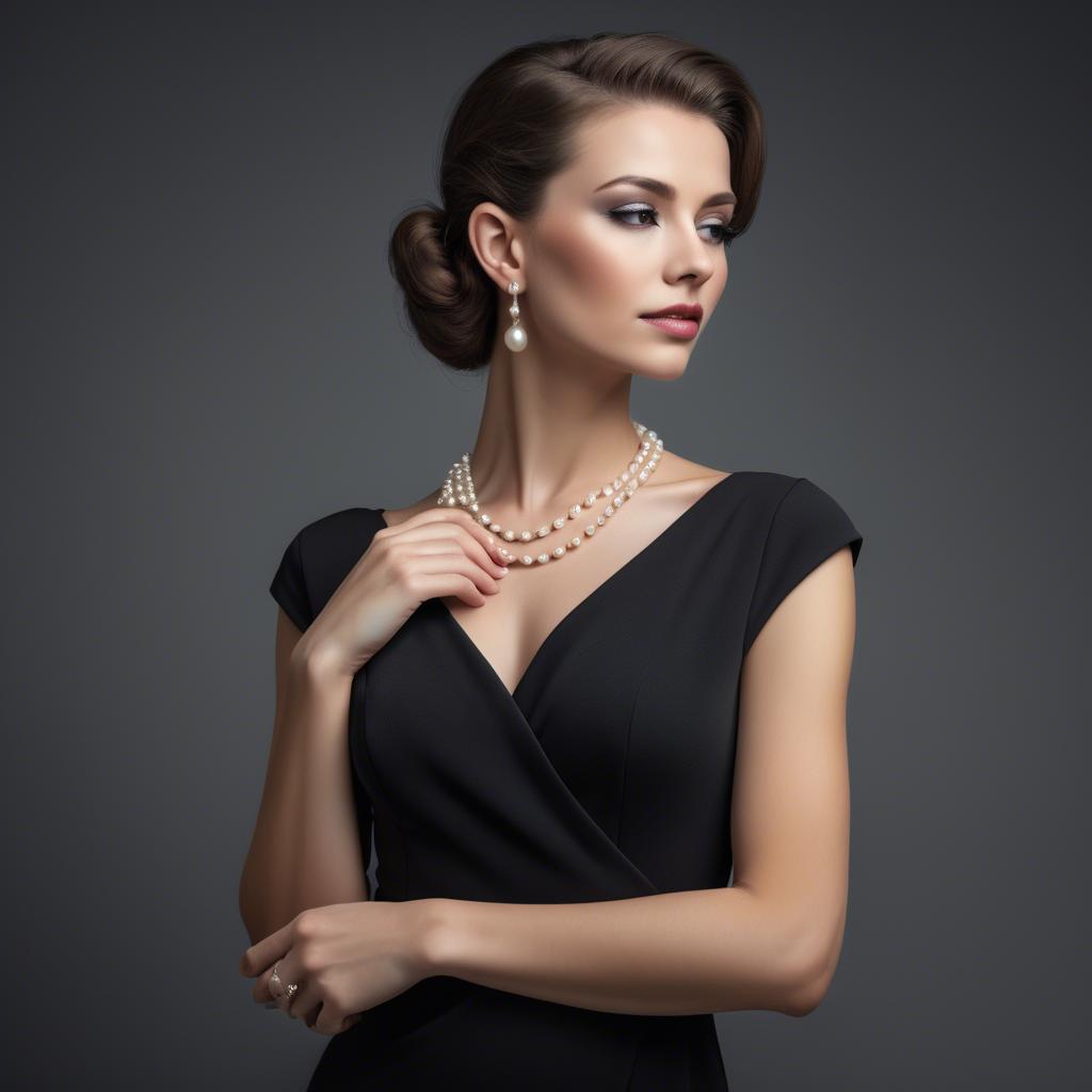 A stunning image of elegant woman in a sleek black dress with pearls.