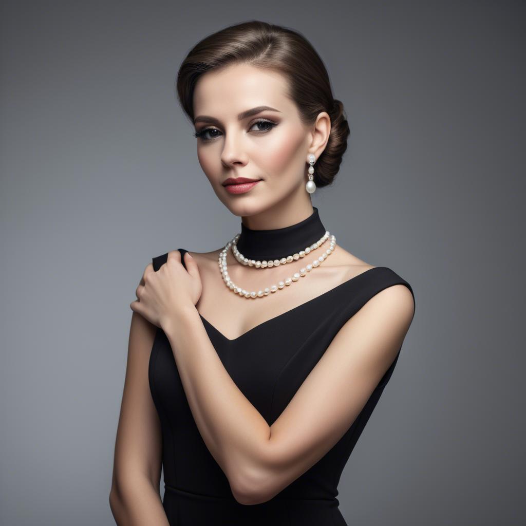 A stunning image of elegant woman in a sleek black dress with pearls.