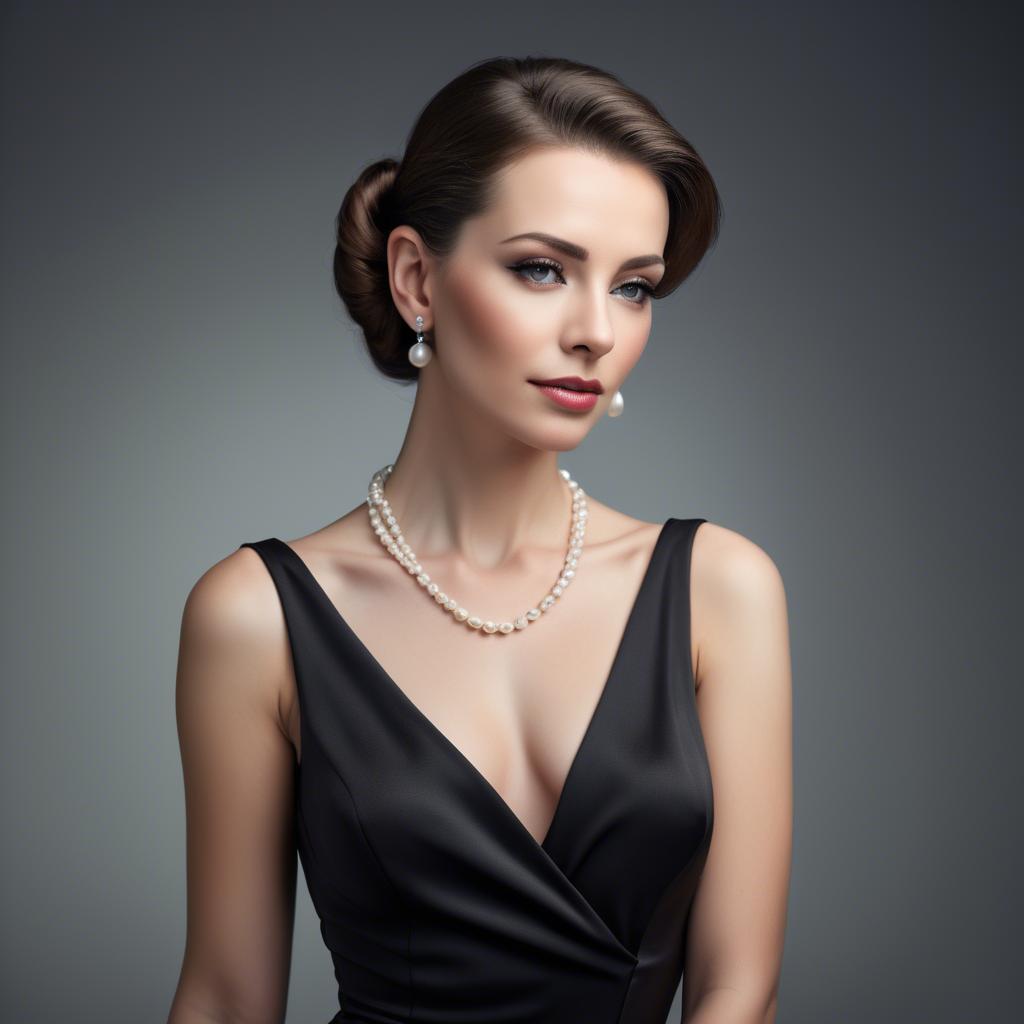 A stunning image of elegant woman in a sleek black dress with pearls.