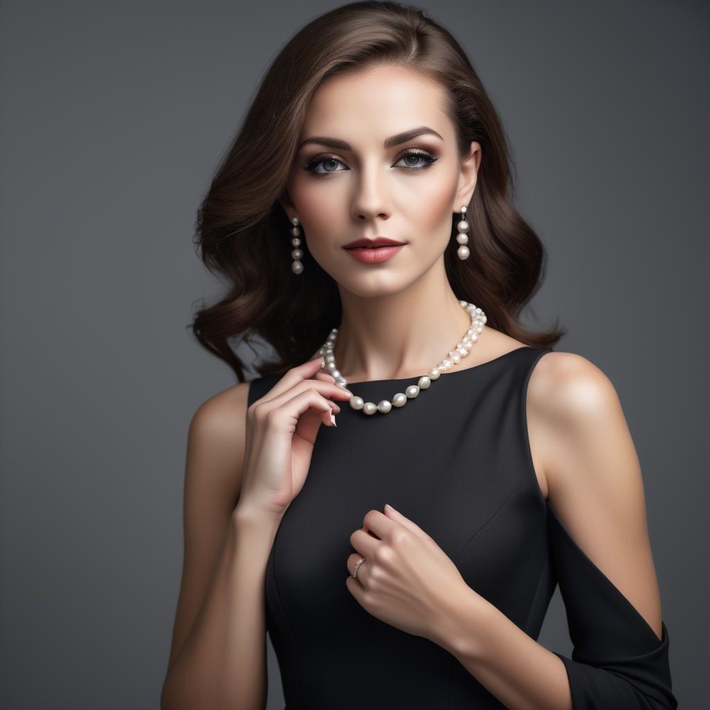A stunning image of elegant woman in a sleek black dress with pearls.