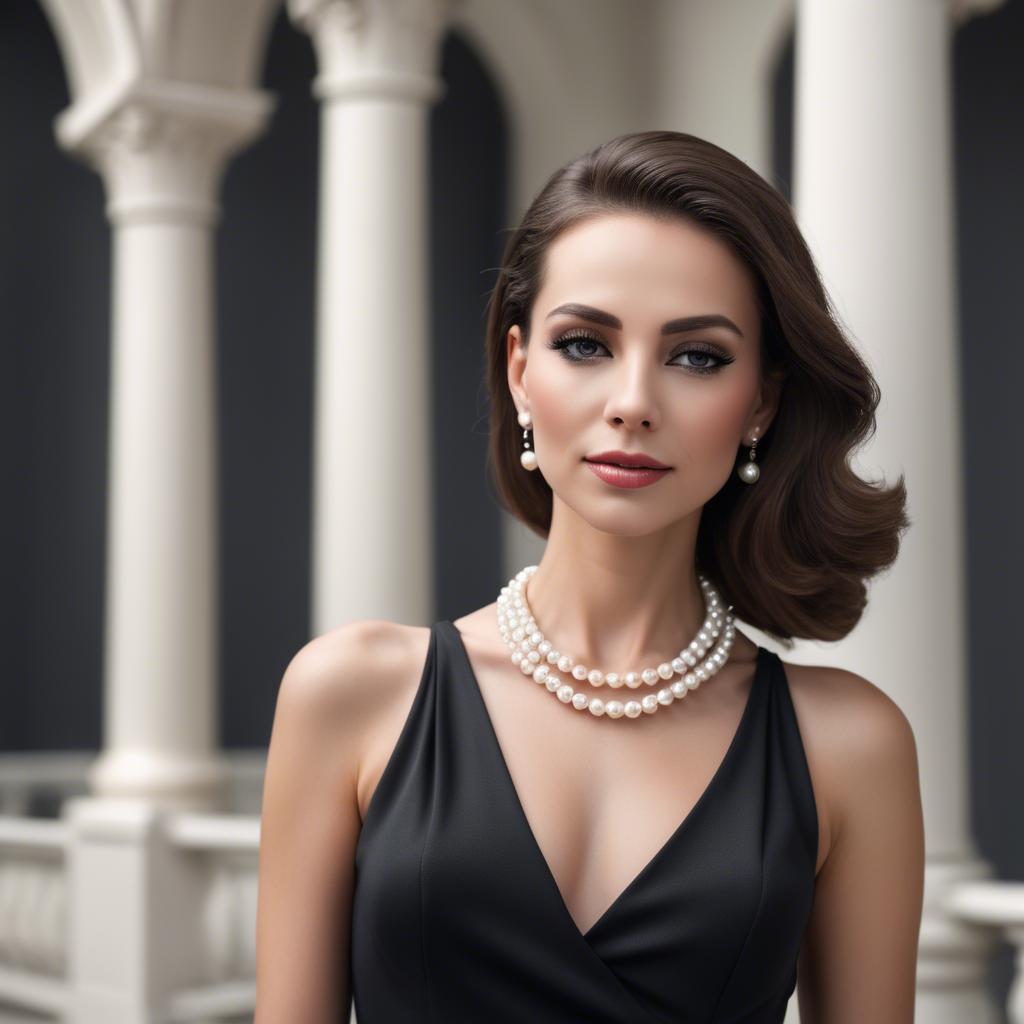 A stunning image of elegant woman in a sleek black dress with pearls.