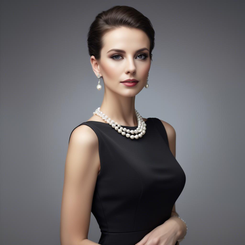 A stunning image of elegant woman in a sleek black dress with pearls.