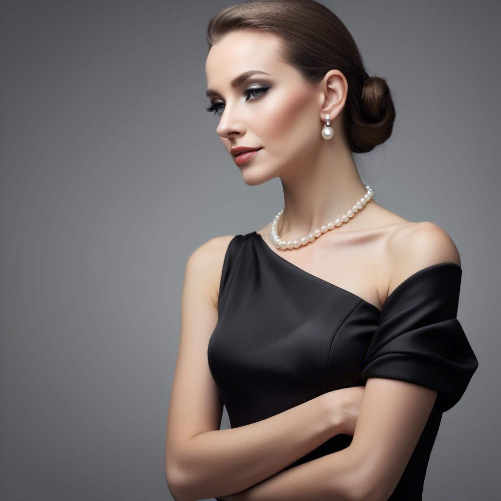 A stunning image of elegant woman in a sleek black dress with pearls.