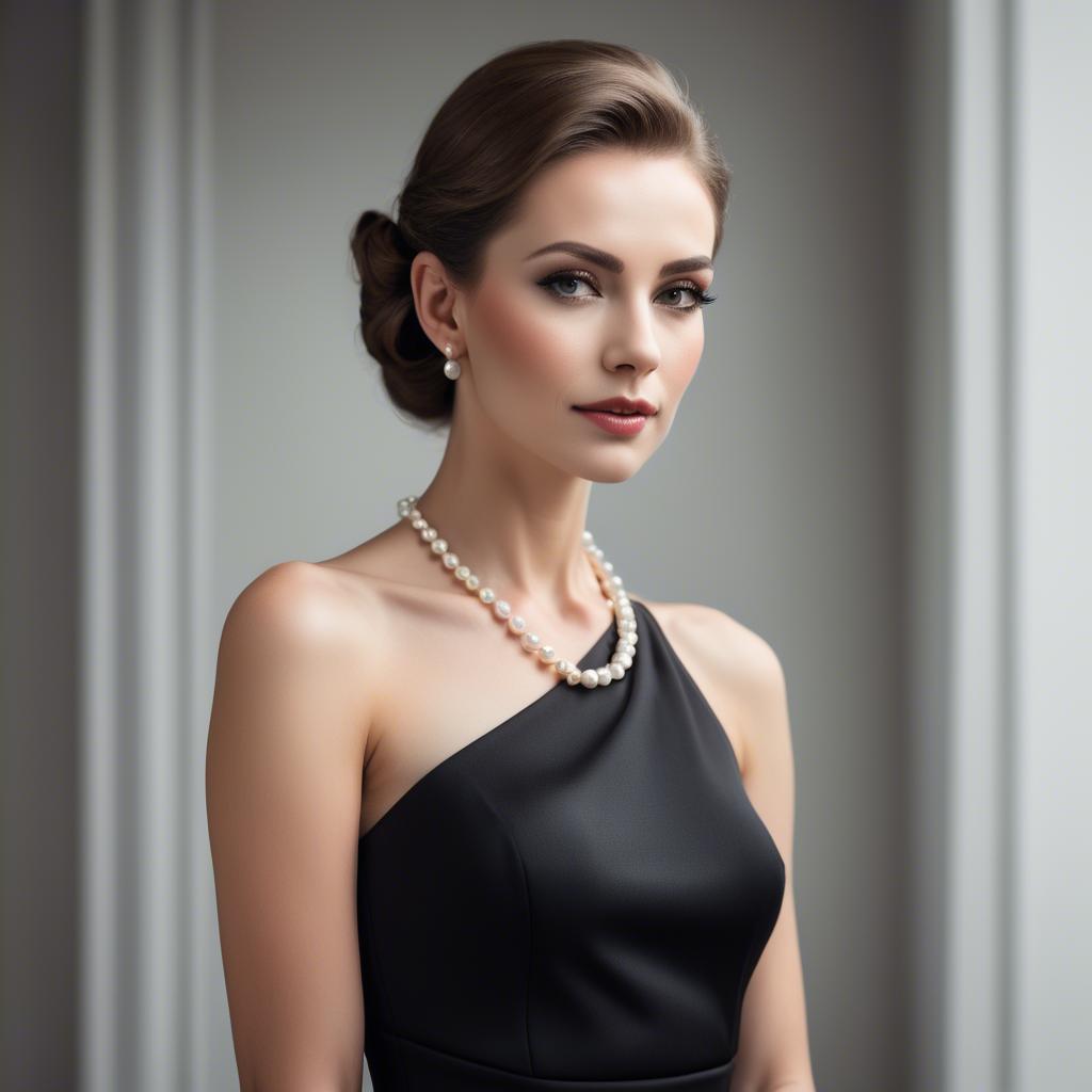 A stunning image of elegant woman in a sleek black dress with pearls.