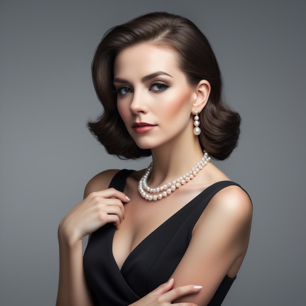 A stunning image of elegant woman in a sleek black dress with pearls.