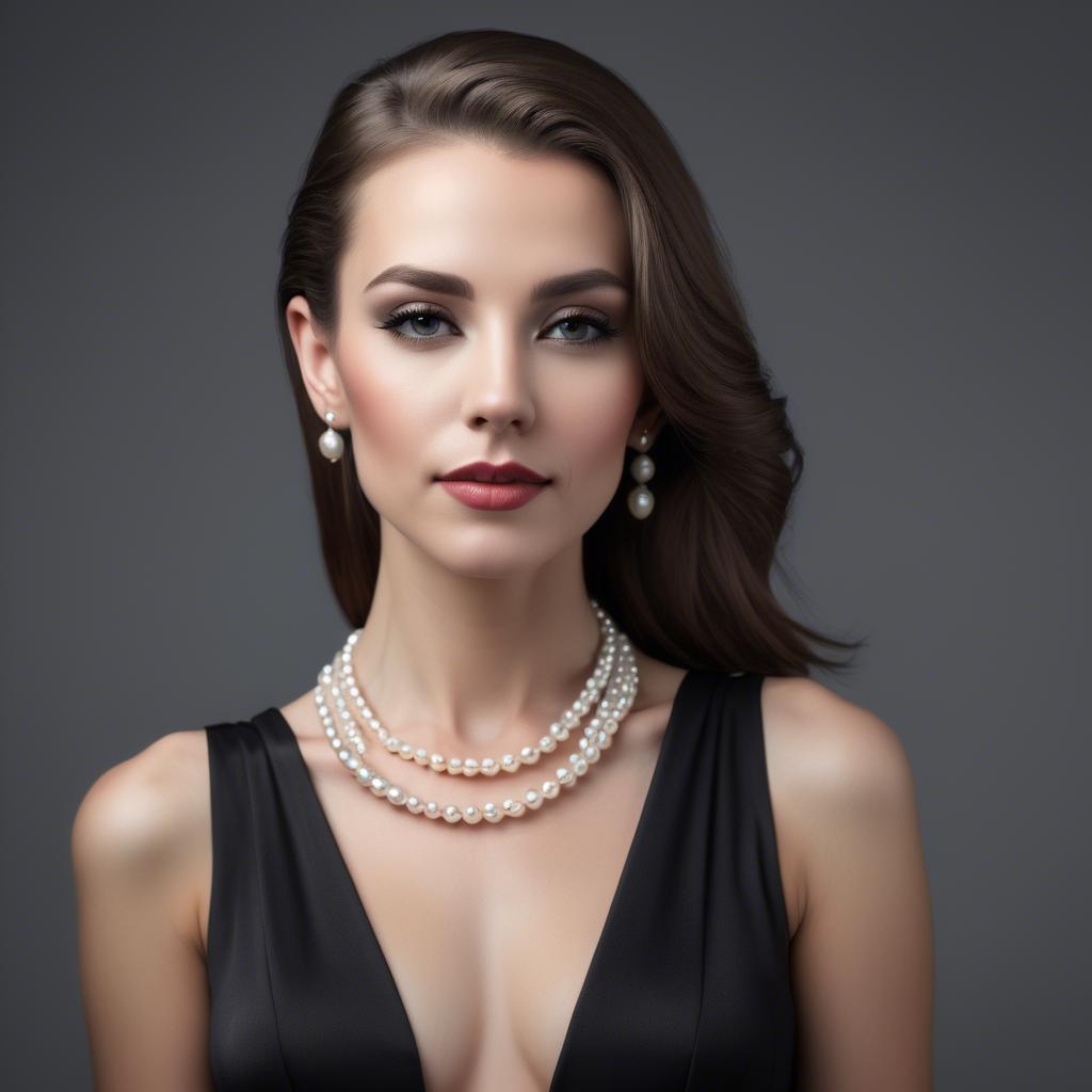 A stunning image of elegant woman in a sleek black dress with pearls.