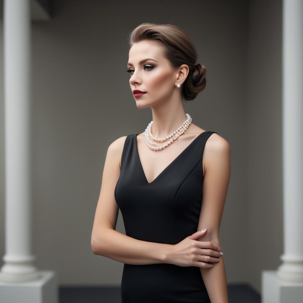 A stunning image of elegant woman in a sleek black dress with pearls.