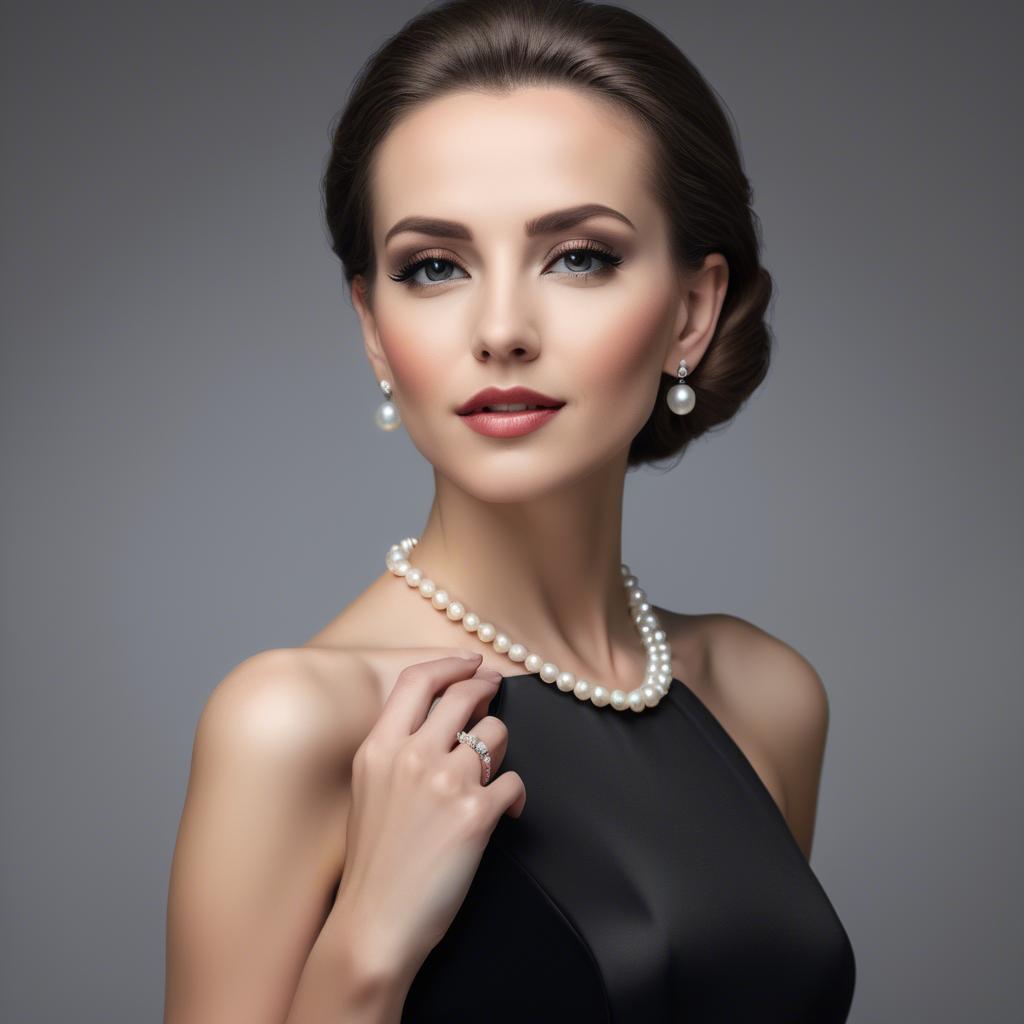 A stunning image of elegant woman in a sleek black dress with pearls.