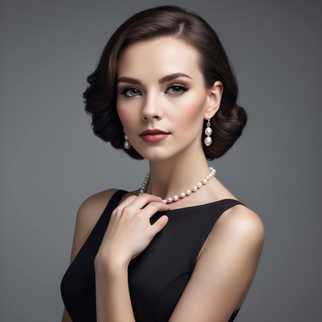 A stunning image of elegant woman in a sleek black dress with pearls.