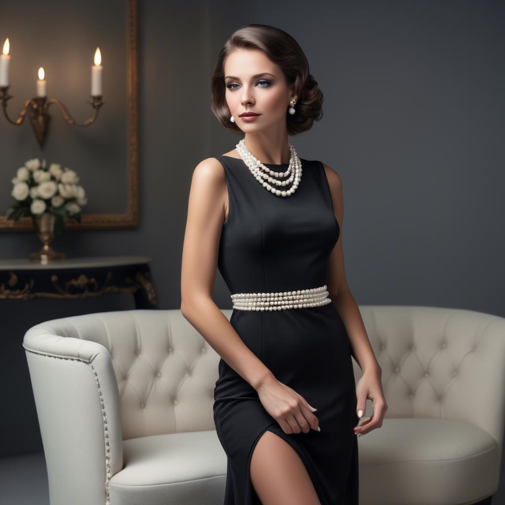 A stunning image of elegant woman in a sleek black dress with pearls.