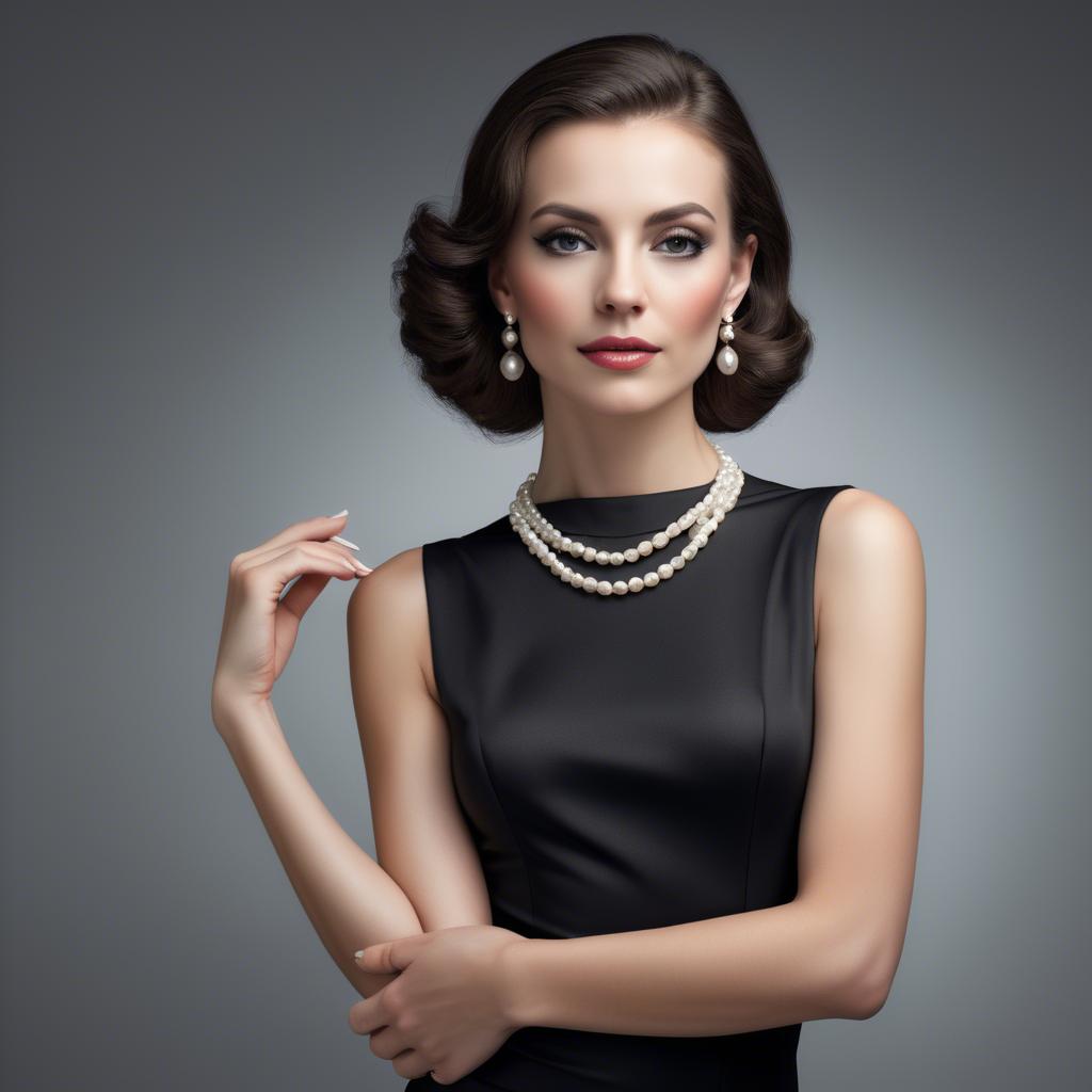 A stunning image of elegant woman in a sleek black dress with pearls.