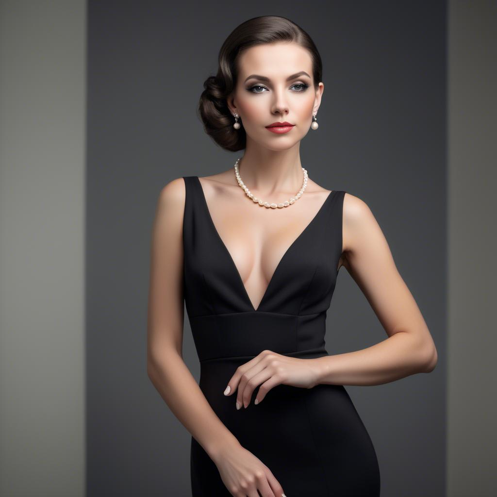 A stunning image of elegant woman in a sleek black dress with pearls.